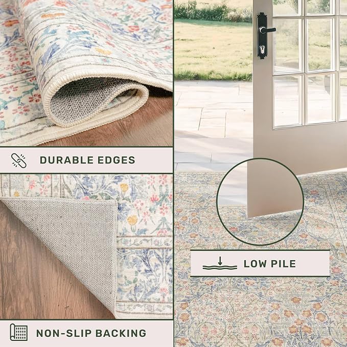 Beige Blue Washable 2x8 Runner Rug - Image 5