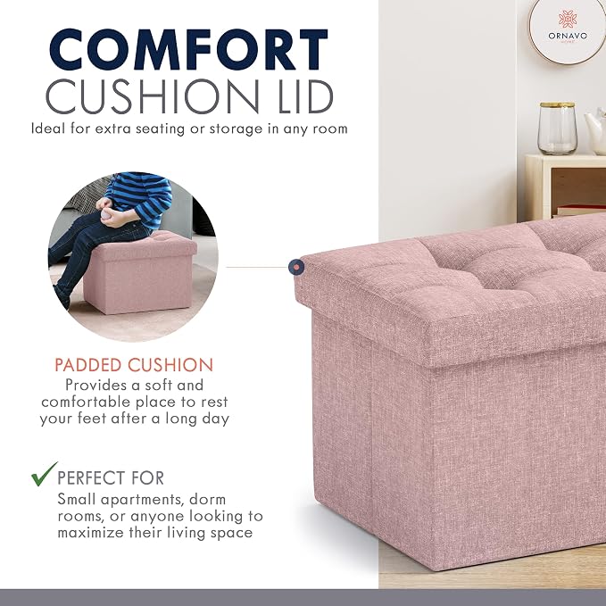 Ornavo Home Small Storage Ottoman, Foldable Collapsible Rectangle Linen Ottoman - Image 6