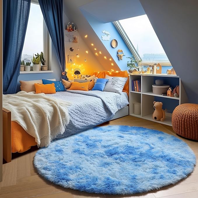 ONASAR Tie-Dye Blue Round Area Rug 4ft, Soft Bedroom Circle Rugs Floor Mats by ONASAR
