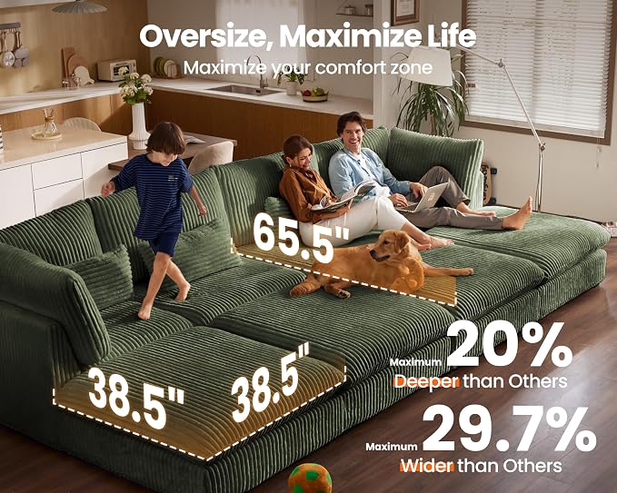 77" Oversized Corduroy Couch Modular Sectional Sofa, Washable Cloud Couch - Image 3
