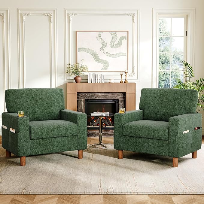 Mid Century Modern Accent Chairs Set of 2, Chenille Comfy Living Room Arm Chairs by ErdoruLiving