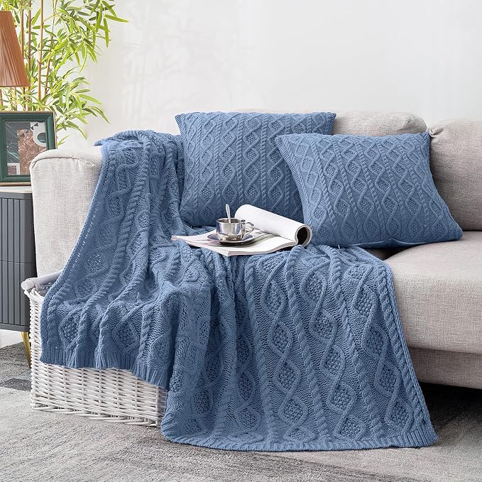 Homiest Dusty Blue Cable Knit Throw, 60 x 80 Inch, Lightweight Acrylic Knitted - Image 3