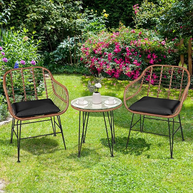 Tangkula 3 Pieces Patio Conversation Bistro Set, Outdoor Wicker Furniture - Image 4