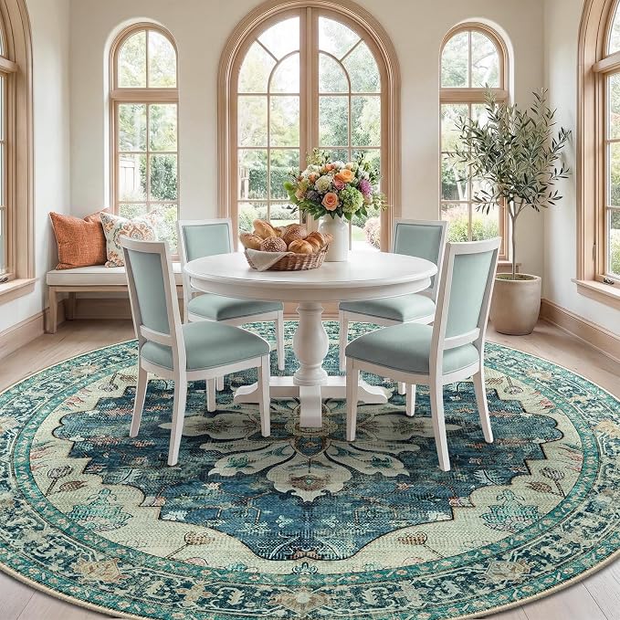 RELEANY Area Rugs Round 10ft Washable Non-Slip, Floral Vintage Distress Print - Image 3
