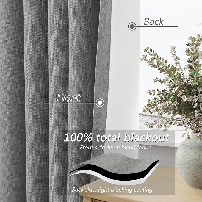 Guken Dark Grey 100% Blackout Linen Curtains 102 Inch Length 2 Panels Set - Image 4