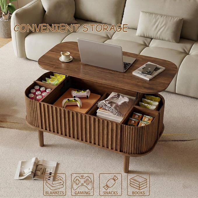 Lift Top Coffee Table with Storage, Faux Marble Top, Wood Fluted Center Table - Image 6