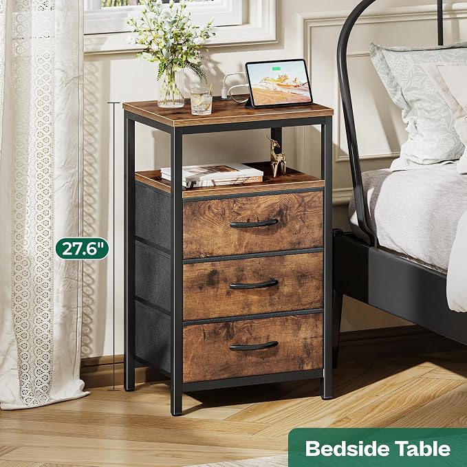 Huuger Nightstand with Charging Station, 27.6 Inch Bedside Table with Fabric - Image 5