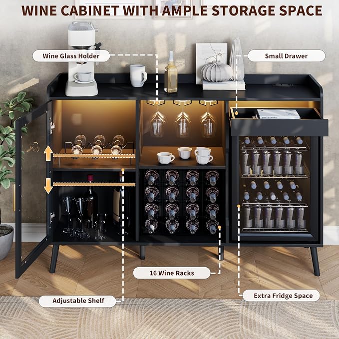 Coffee Bar Cabinet with Fridge Space, Liquor Cabinet with Wine Rack & Drawer - Image 6
