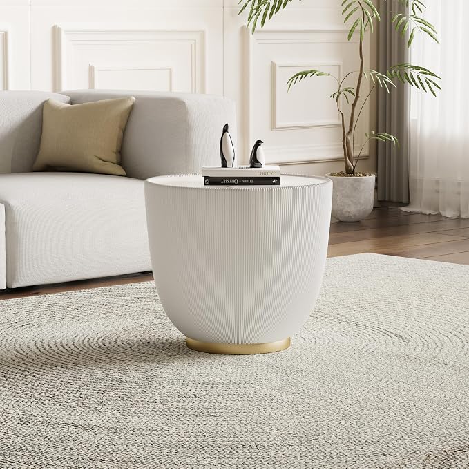 Henf Marble Round Side Table, 19.7" Fluted End Table - Image 3