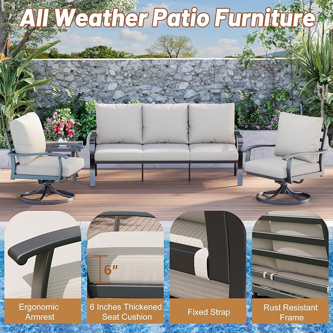 HOMREST Patio Furniture Sets 4 PCS Outdoor Metal Conversation Sets, 360 Degree - Image 5