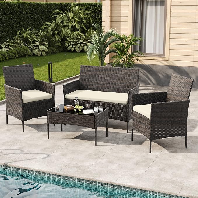 4-Piece Outdoor Furniture Set, PE Rattan Wicker Chairs by Unknown