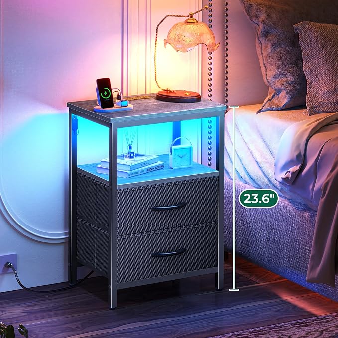 Huuger Night Stand with Charger Station and LED Lights, 2 Drawer Nightstand - Image 4