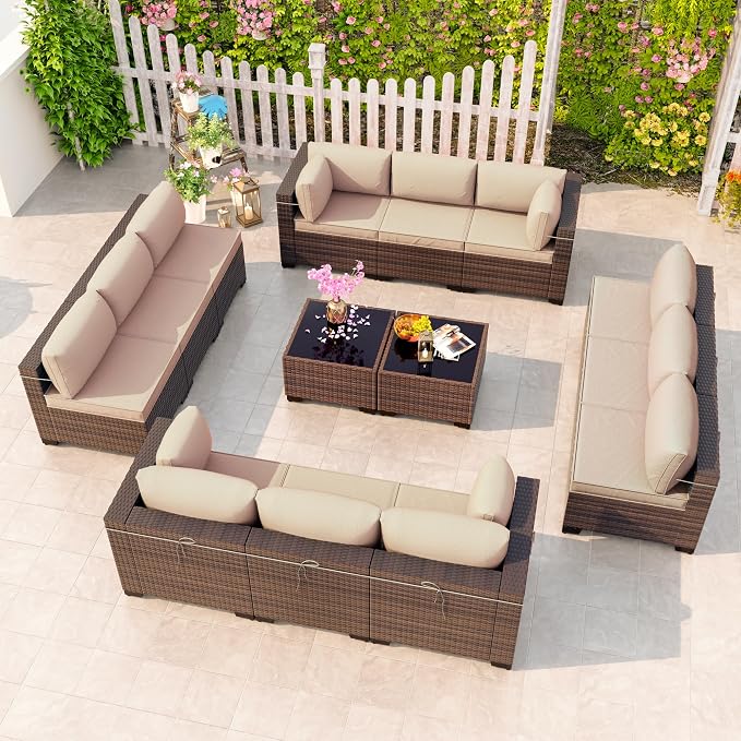 Kullavik 14 Pieces Outdoor Patio Furniture Set, Sectional Rattan Sofa Set Brown by KULLAVIK