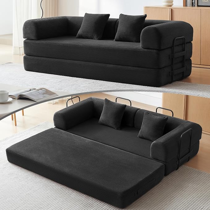 Convertible Sleeper Bed with 2 Cylindrical Pillow, Comfy Foldable Bed by QQR