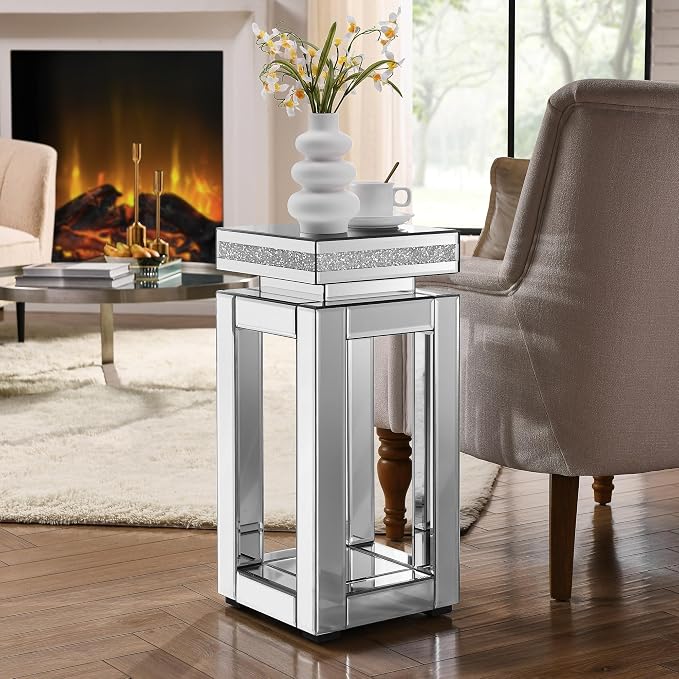 Mirrored End Table Square with Crystals, 2-Tier Modern Small Sofa Table with by HEPMIMZHU