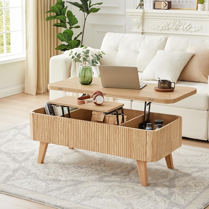 3 in 1 Lift Top Coffee Table, Fluted Convertible Coffee Tables Converts to - Image 7