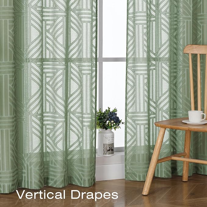 Simplebrand Sage Green Semi Sheer Curtains 54 Inch Length 2 Panels, Geometric - Image 5