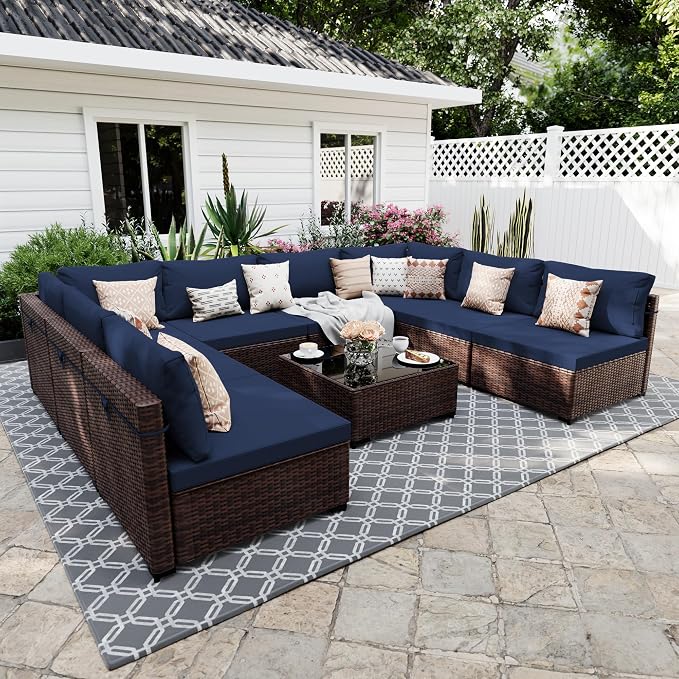 UPHA 9 Pieces Patio Furniture Sets, Wicker Outdoor Sectional Sofa Couch by UPHA