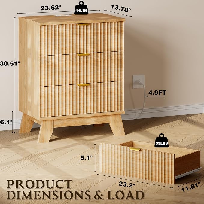 BORNOON 30.5" Nightstand with Charging Station, 3-Drawer Fluted Bedroom Chest - Image 2