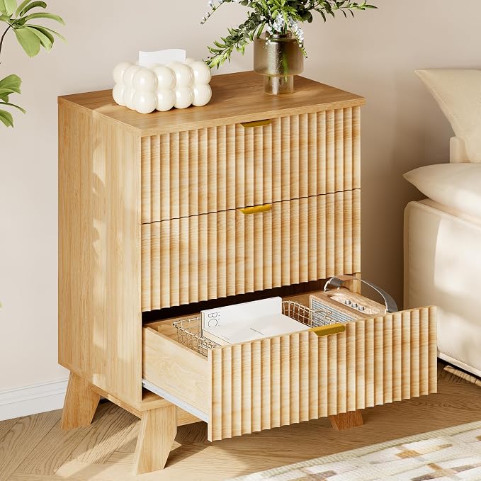 BORNOON 30.5" Nightstand with Charging Station, 3-Drawer Fluted Bedroom Chest - Image 4