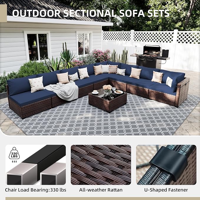 UPHA 9 Pieces Patio Furniture Sets, Wicker Outdoor Sectional Sofa Couch - Image 3