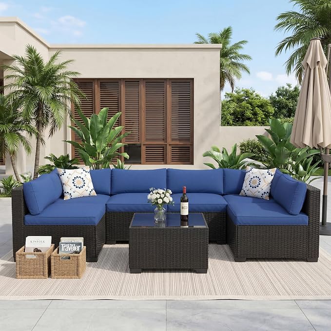 GarveeHome 7-Piece Modular Outdoor Patio Set, Sectional Rattan Wicker Sofa - Image 8