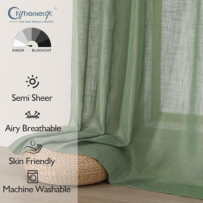 Chyhomenyc Sage Green Semi Sheer Curtains 84 Inches Long 2 Panels Set, Light - Image 2