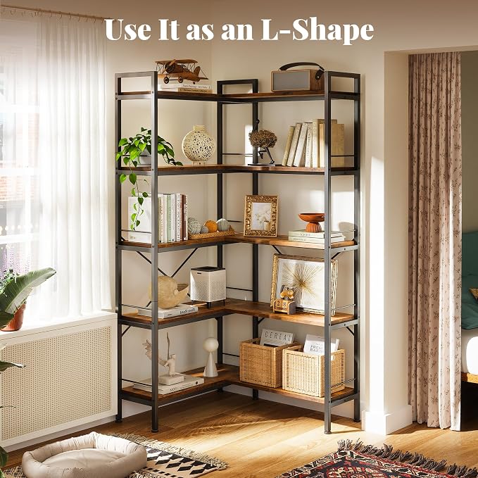 Huuger 5 Tier Bookshelf, L Shaped Corner Bookshelf - Image 7