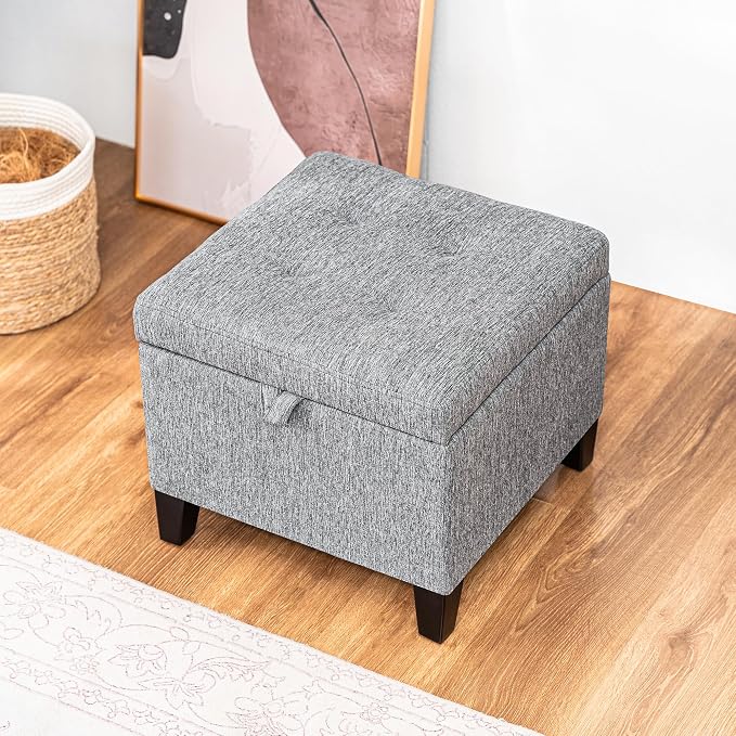 Adeco 18-Inch Cube Storage Ottoman, Upholstered Linen Footrest Stool - Image 4