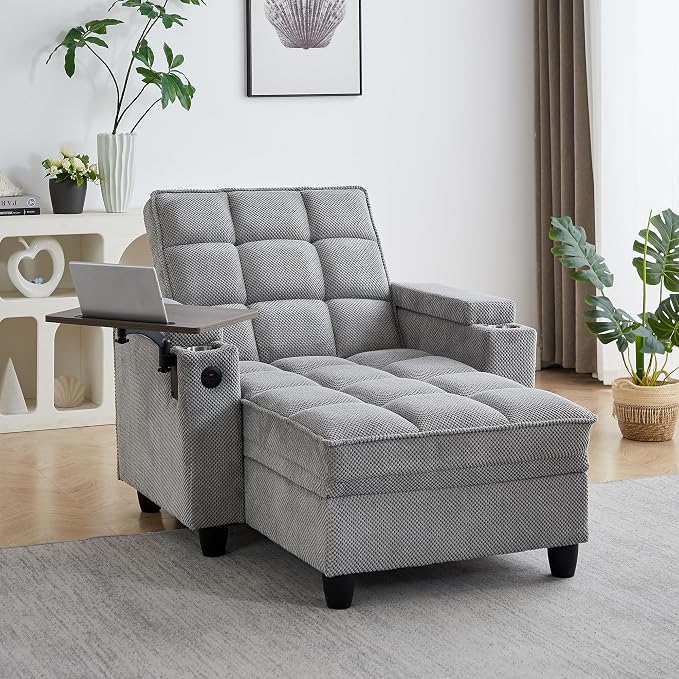 Oversized Recliner Chair with Swivel Tray Table, Modern Tufted Linen Fabric by Unknown