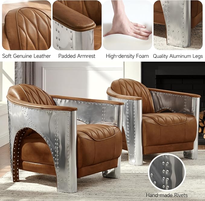 Art Leon Genuine Leather Accent Chair, Mid Century Industrial Armchair - Image 4
