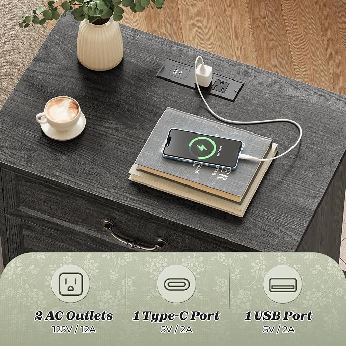Huuger Nightstand with Charging Station, 3 Drawer Night Stand Set of 2 - Image 4