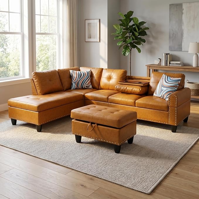 97.5" Yellow L Shaped Couch Set Leather, Modular Sectional Couches - Image 3