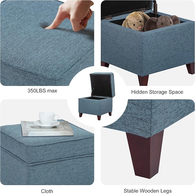 Adeco 17" Square Ottoman with Storage, Small Blue Storage Ottoman Foot Rest - Image 10