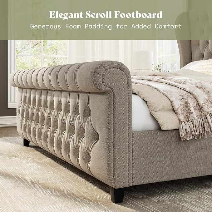 AMERLIFE King Size Platform Bed Frame, Linen Upholstered Sleigh Bed - Image 5