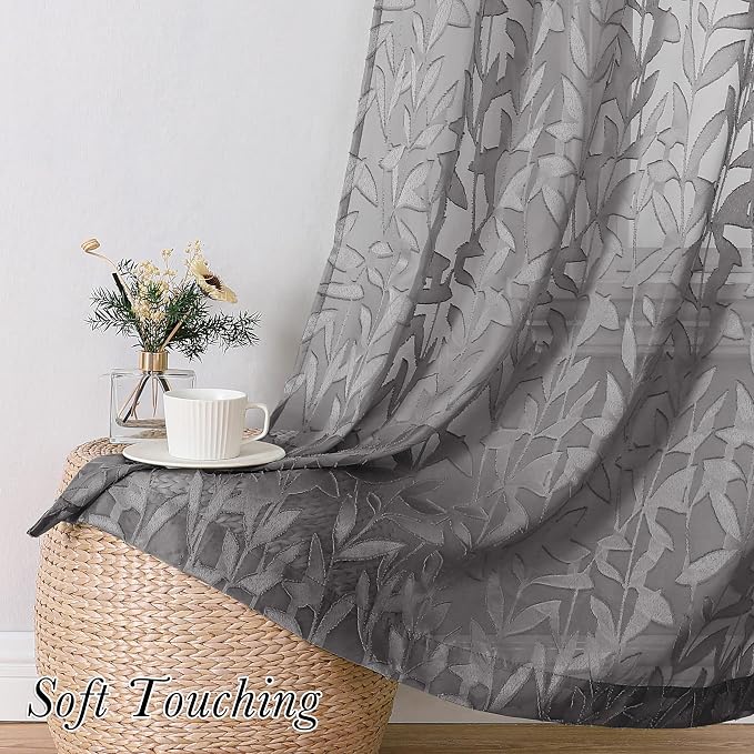 Lecloud Leia Living Room Charcoal Grey Sheer Curtains 84 Inches Long 2 Panels - Image 3