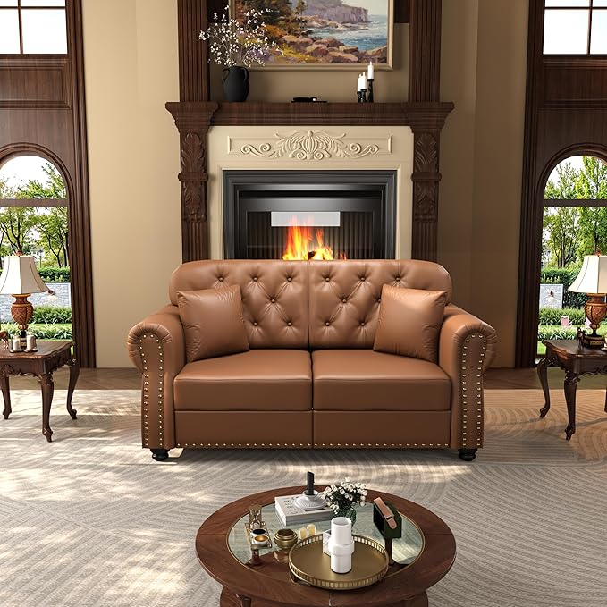 KEIKI 63" Faux Leather Chesterfield Sofa - Image 4