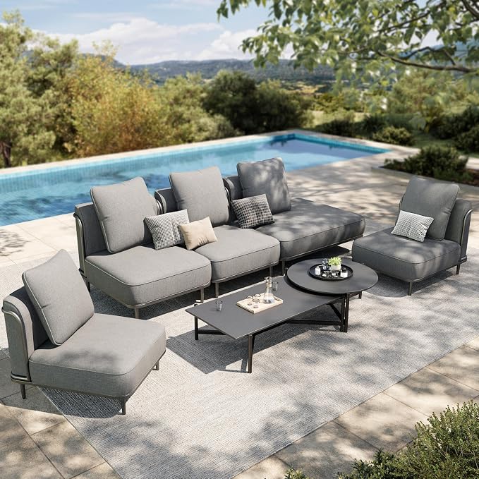HERA'S HOUSE Metal Patio Furniture Set, Modular 6 Seats and 1 Nesting Coffee by HERASHOUSE