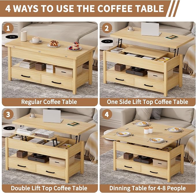 SYESWAY 42'' Lift Top Coffee Table, 4-in-1 Multifunctional Lift Coffee Table - Image 6