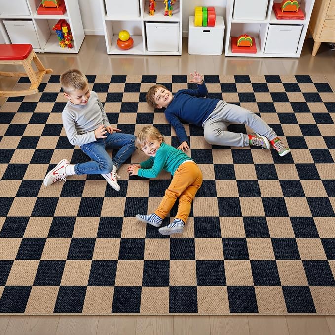 Lahome Colette Checkered Easy Jute Carpet, Washable Area Rug 6x9 Neutral - Image 3