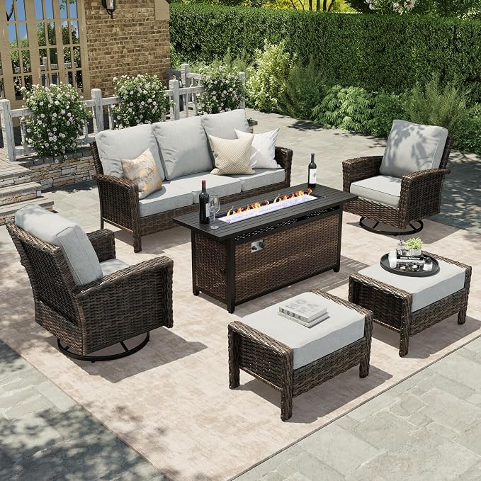 HERA'S HOUSE Grey Patio Furniture Set, High Back Wicker Sofa, Swivel Chairs by HERASHOUSE