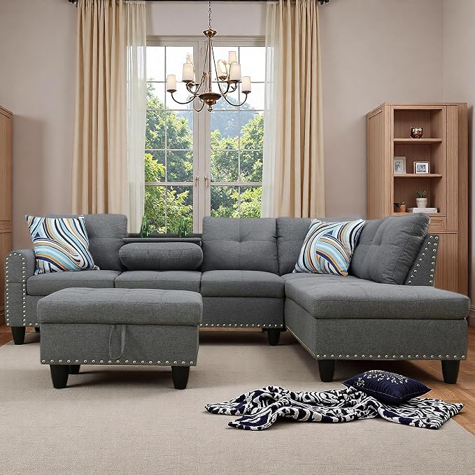 97.5" L Shaped Couch Set Linen, Modular Sectional Couches - Image 9