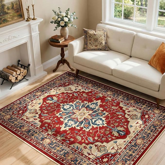 RELEANY Area Rugs 4'x6' Washable Non-Slip, Floral Vintage Distress Print by RELEANY