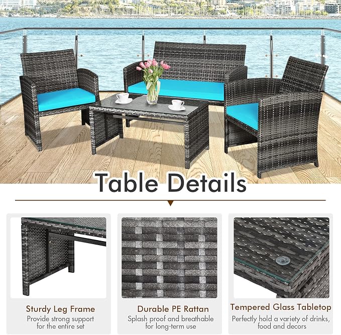 Goplus 4-Piece Rattan Patio Furniture Set, Outdoor Wicker Conversation Sofa - Image 3