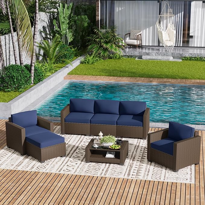 LOUVIXA 7 Piece Outdoor Patio Furniture Set, Rattan Chairs Glass Table Wicker - Image 9