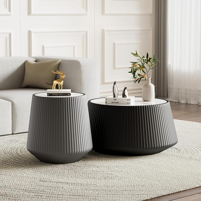 Modern Marble Nesting Coffee Table Set of 2, 26.77" Cup Shaped Coffee and End by Henf
