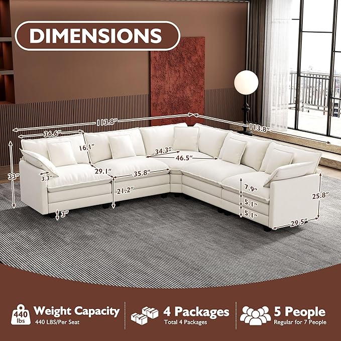 Ihanherry 114" V-Shaped Modern Sofa Modular Sectional Cloud Couch - Image 2