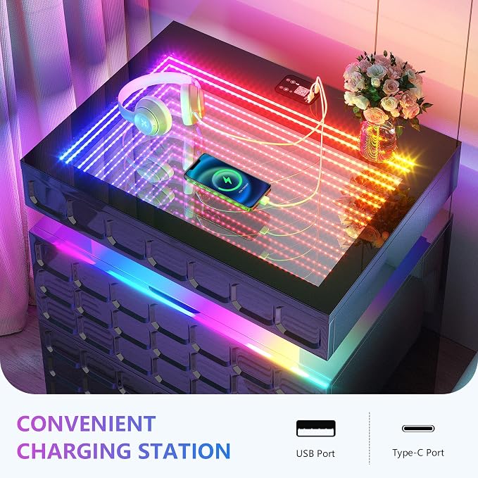 Night Stand with Charging Station and Smart RGB Lights, LED Nightstand with - Image 7