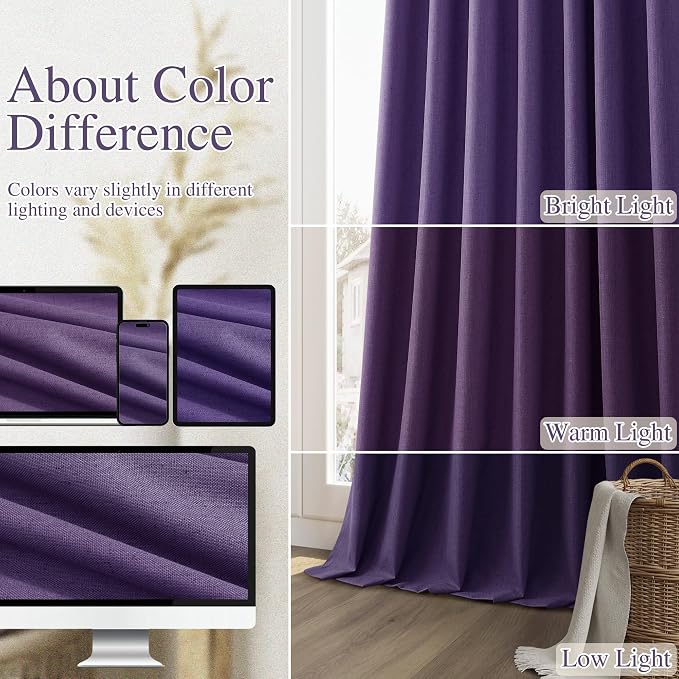 Guken New Purple 100% Blackout Linen Curtains 96 Inch Length 2 Panels Set - Image 7