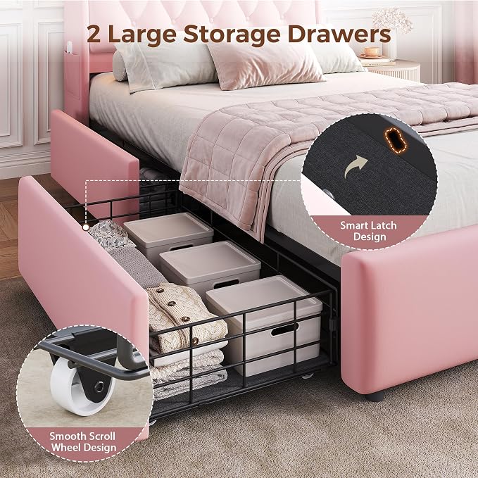 Twin LED Velvet Bed Frame with 2 Storage Drawers&Hidden Headboard, Upholstered - Image 7